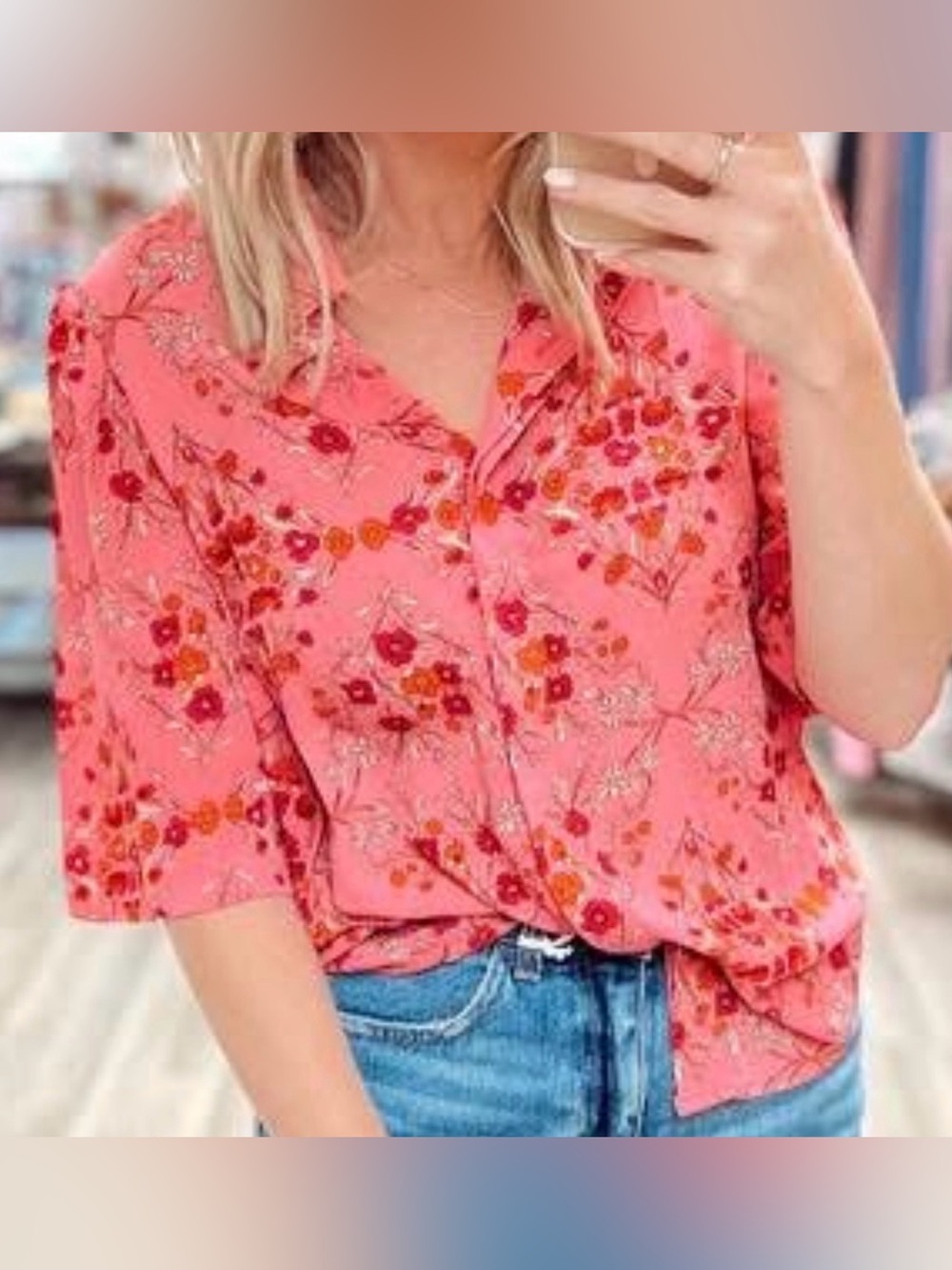Rosie Posie Floral Pink Short-Sleeve Button-Down Blouse